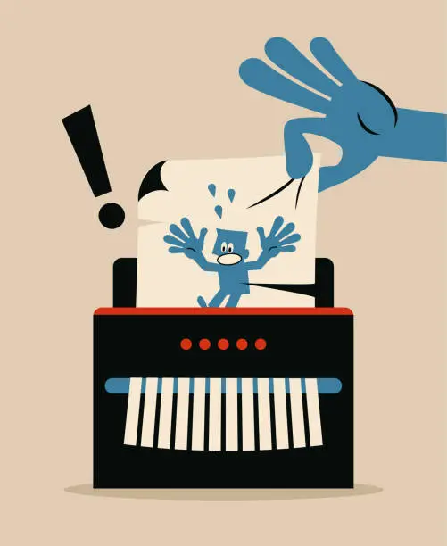 Vector illustration of Big hand inserts the paper with man into the paper shredder, or pulling the paper out of the shredder