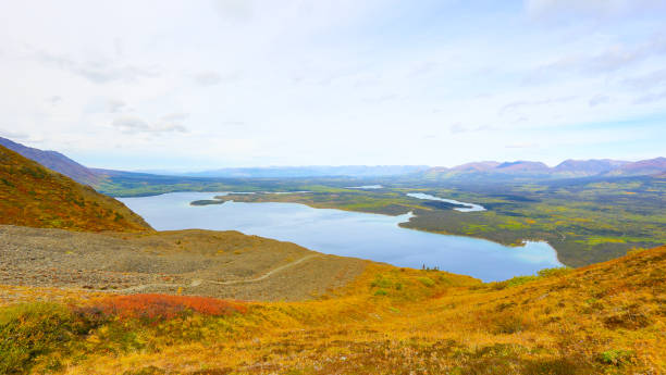 осенняя листва в национальном парке клюан, юкон, канада - lake alaska mountain mountain range стоковые фото и изображения