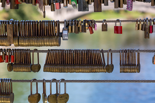 Ljubljana, Slovenia - August 15, 2019: Love padlocks on the fence of the bridge over the river in Ljubljana