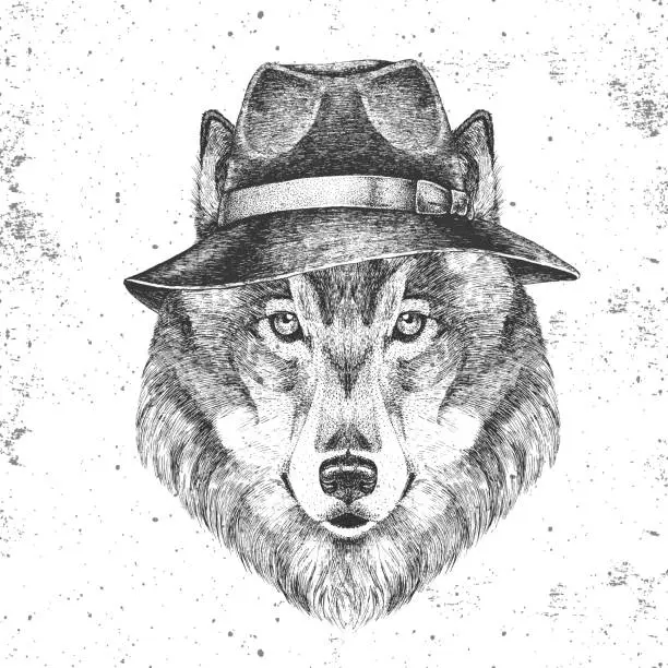 Vector illustration of Hipster animal wolf in hat. Hand drawing Muzzle of animal wolf