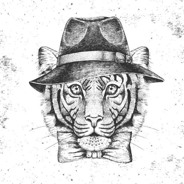 Vector illustration of Hipster animal tiger with hat. Hand drawing Muzzle of tiger