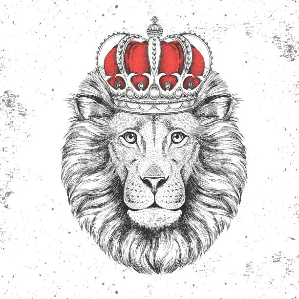 Vector illustration of Hipster animal lion in crown. Hand drawing Muzzle of lion