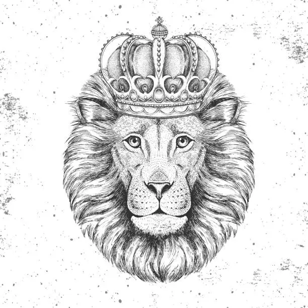Vector illustration of Hipster animal lion in crown. Hand drawing Muzzle of lion