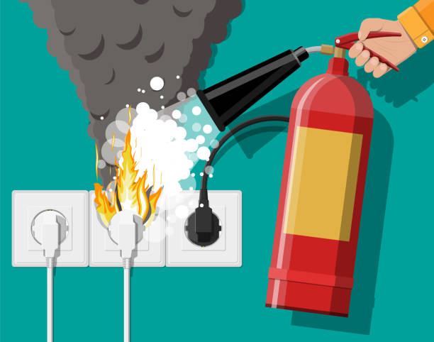 Electrical outlet on fire. Overload of network. Electrical outlet with plug on fire and fire extinguisher in hand with foam. Overload of network. Short circuit. Electrical safety concept. Wall socket in flames with smoke. Flat vector illustration overloaded-circuit stock illustrations