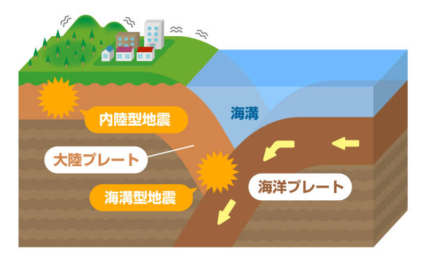 내륙 지진과 참호 지진. 3 차원 보기 벡터 그림 (일본어). - continents globe continent tectonic stock illustrations