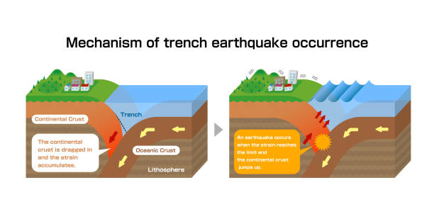 트렌치 지진 발생의 메커니즘입니다. 3 차원 보기 벡터 그림입니다. - continents globe continent tectonic stock illustrations