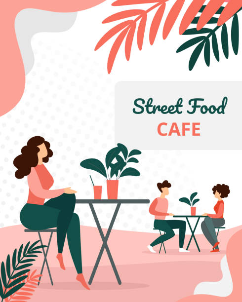 illustrazioni stock, clip art, cartoni animati e icone di tendenza di visitatori persone seduti nel moderno caffè dell'ora legale - ristorante illustrazioni