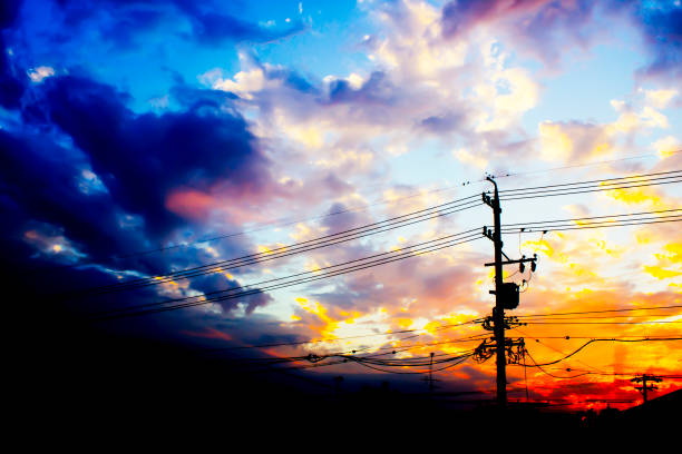 Japanese evening scenery with electric wires.