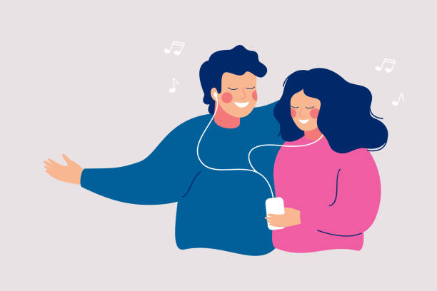 Young cheerful couple is sharing their earphone and listening to music with mobile phone. Young cheerful couple is sharing their earphone and listening to music with mobile phone. Flat vector characters illustration in hand drawn style. sharing illustrations stock illustrations