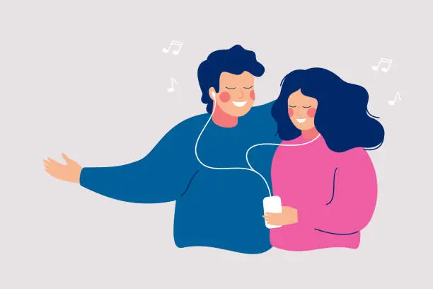 Vector illustration of Young cheerful couple is sharing their earphone and listening to music with mobile phone.