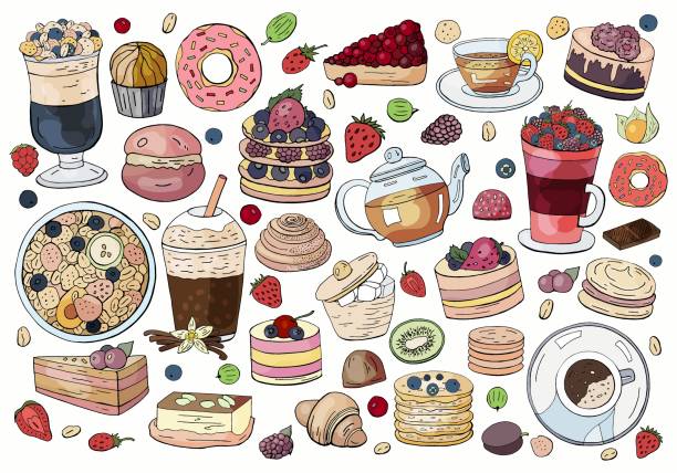 Big set of different breakfast elements on white background. Hand drawn vector morning collection - tea, coffee, cakes, berries, muesli, croissants, macaroon. Big set of different breakfast elements on white background. Hand drawn vector morning collection - tea, coffee, cakes, berries, muesli, croissants, macaroon. For cafe and restaurants menu. cake jar stock illustrations