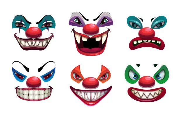 Vector illustration of Creepy clown faces. Isolated on white. Scary vector