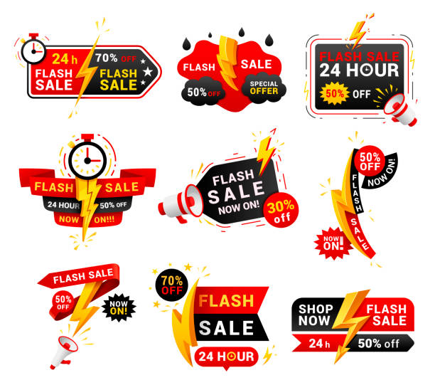 ilustrações, clipart, desenhos animados e ícones de vendas de flash de compras promocionais etiquetas vetor conjunto - stock exchange flash