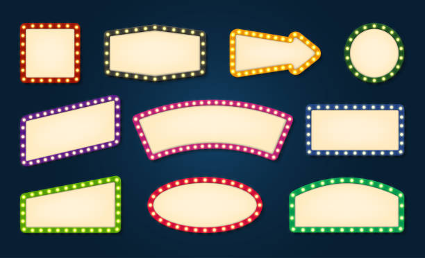 Vintage lights empty signboard vector templates set Vintage lights empty signboard vector templates set. Marquee lamps glowing frames with text space. Round, square, arrow shapes blank retro borders isolated layouts. Sings with illuminated lightbulbs frame border clipart stock illustrations