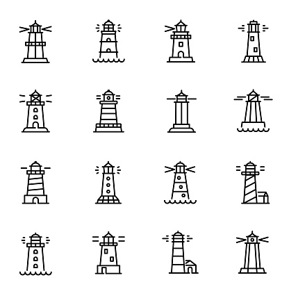 Lighthouses, navigational aid towers vector linear icons set. Searchlight thin line illustrations pack. Towers for marine navigation design elements. Beacon with beam isolated cliparts collection