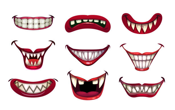 gruselige clown münder gesetzt. gruseliges lächeln mit kiefern und roten lippen - clown evil horror spooky stock-grafiken, -clipart, -cartoons und -symbole