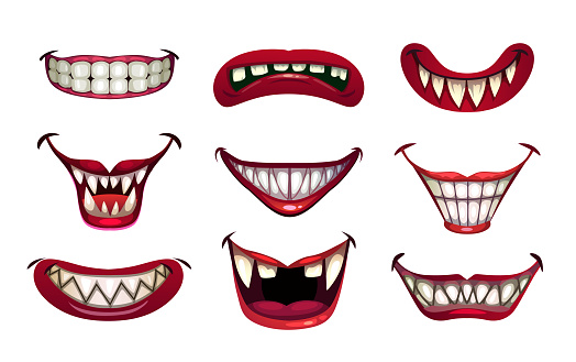 Creepy clown mouths set. Scary smile with jaws and red lips