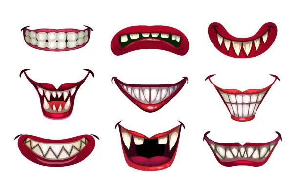 Vector illustration of Creepy clown mouths set. Scary smile with jaws and red lips