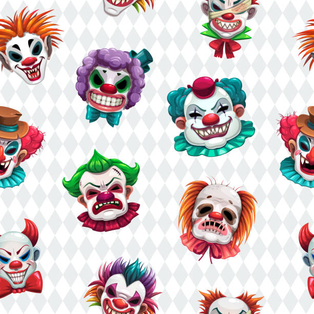 Seamless pattern with scary clown faces on the white background Seamless pattern with scary clown faces on the white background. Vector creepy circus texture. scary clown mouth stock illustrations
