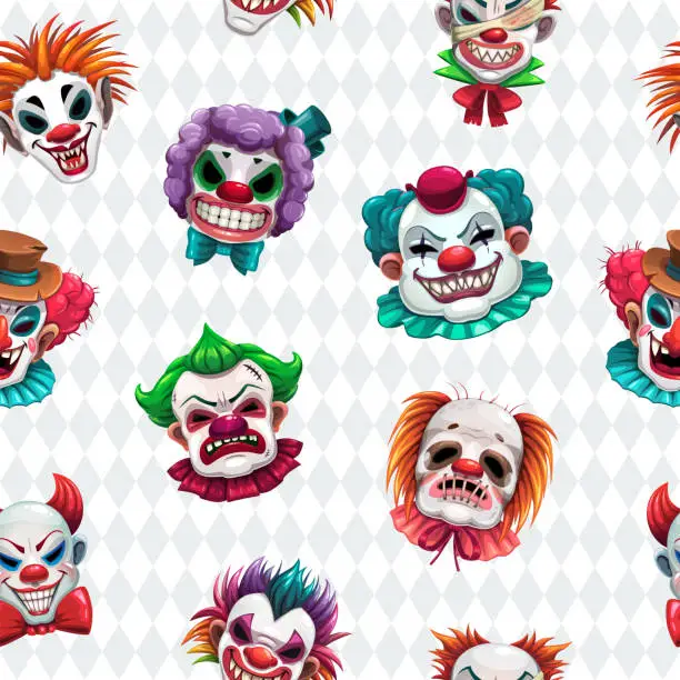 Vector illustration of Seamless pattern with scary clown faces on the white background