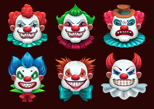 Creepy clown faces set. Scary circus concept. Vector illustration Creepy clown faces set. Scary circus concept. Vector Halloween collection. scary clown mouth stock illustrations