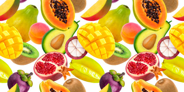 Tropical fruits seamless pattern. Falling exotic fruits isolated on white background
