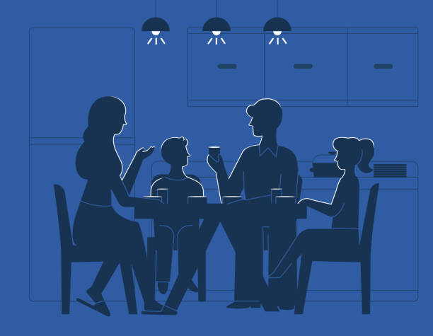 Family at dinner table vector illustration Family at dinner table vector illustration. Silhouettes of mother, father and son with daughter kids drinking tea or eating, sitting together on chairs in kitchen at evening family dinner stock illustrations