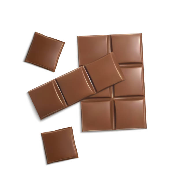 wektor 3d realistyczne brązowe batony czekoladowe, kawałki - chocolate candy bar block cocoa stock illustrations
