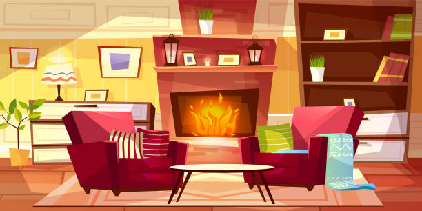 illustrazioni stock, clip art, cartoni animati e icone di tendenza di illustrazione vettoriale interna del soggiorno - wallpaper retro revival living room decor