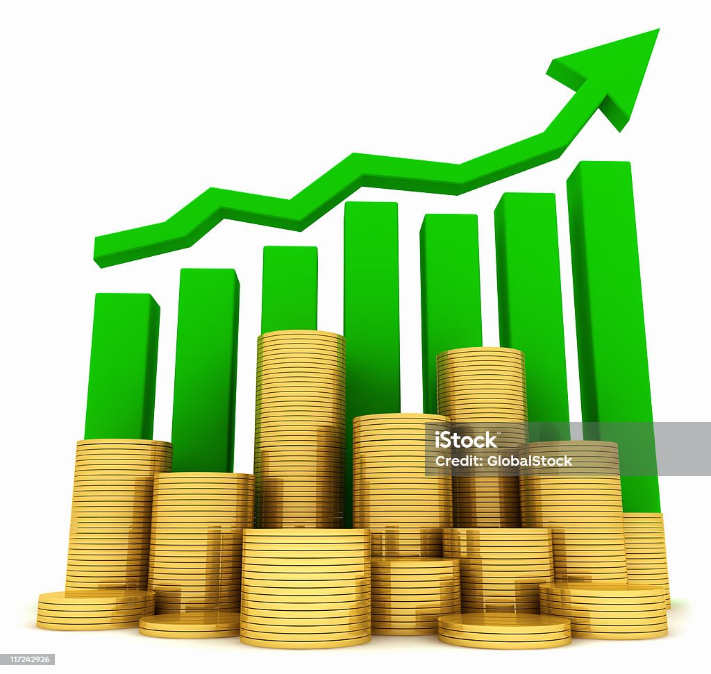 Economy - Growing A bunch of coins in front of a bar graph growing. Isolated on a white background. Coin Stock Photo