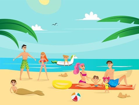 Summer Time Holiday Group Of People On Beach Stock Illustration - Download  Image Now - Beach, Bathtub, Sand - iStock