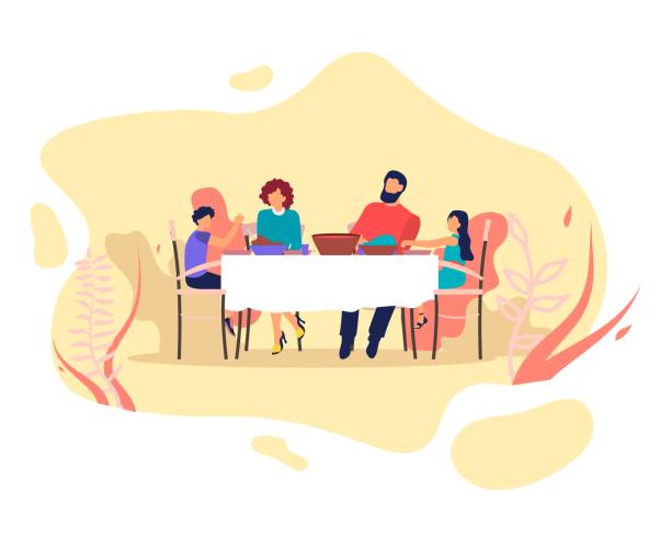 Happy Family Parents and Kids Eating and Chatting Happy Family Parents and Kids Eating and Chatting Sitting at Table with Food. Mom, Dad and Children Loving Relations, Happiness, Communication. People Having Dinner. Cartoon Flat Vector Illustration family dinner stock illustrations