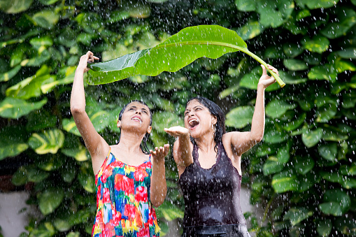 Two drenched women holding banana leaf over head enjoying rain day