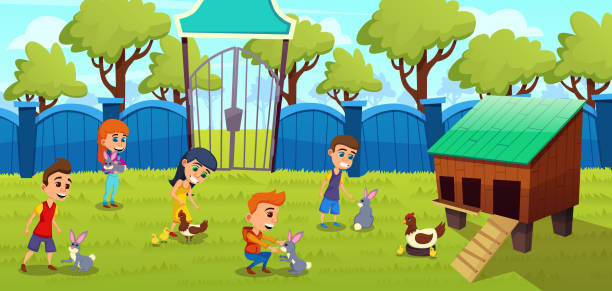Petting Zoo, Farm for Kids Cartoon Vector Concept Petting Zoo, Farm with Cute Domesticated Animals Cartoon Vector Concept. Little Kids, Preschooler Boys and Girls, Interacting, Touching, Playing with Rabbits and Chickens on Farmyard Lawn Illustration petting zoo stock illustrations