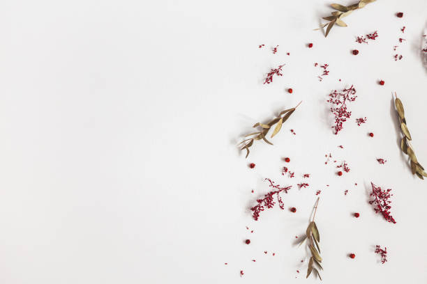 istock Autumn composition. Pattern made of red flowers, eucalyptus leaves, berries on gray background. Autumn, fall, thanksgiving day concept. Flat lay, top view, copy space 1172433437