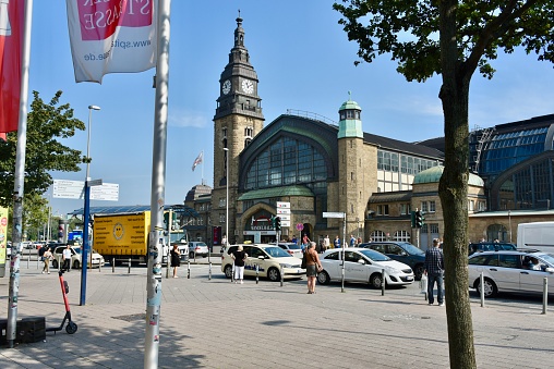 Hamburg, Germany, August 28, 2019: Unidentified people and cars in front of the central railway station of Hamburg.
