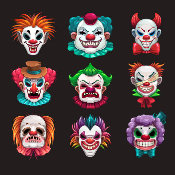 Creepy clown faces set. Scary circus elements Creepy clown faces set. Scary circus elements. Vector Halloween masks illustration scary clown mouth stock illustrations