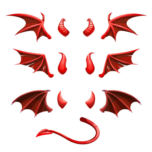 ilustraciones, imágenes clip art, dibujos animados e iconos de stock de cola del diablo, cuernos y alas. elementos rojos demoníacos para la decoración fotográfica - diablo