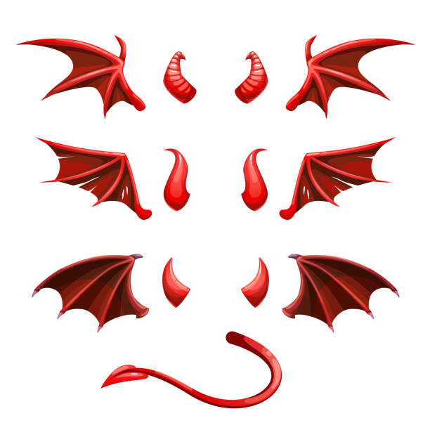 Devil tail, horns and wings. Demonic red elements for the photo decoration Devil tail, horns and wings. Demonic red elements for the photo decoration. Vector illustration. horned stock illustrations