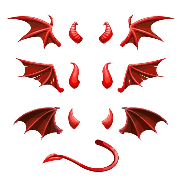 Vector illustration of Devil tail, horns and wings. Demonic red elements for the photo decoration