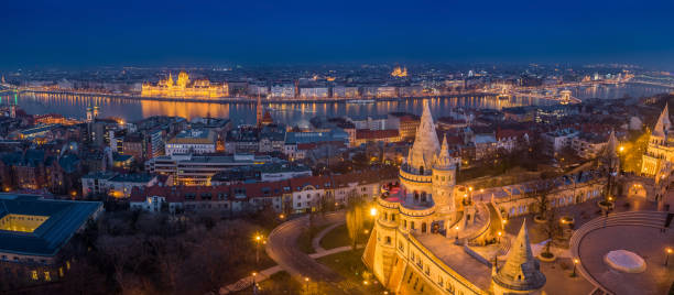 Budapest, Hungary - Aerial panoramic skyline view of Budapest with illuminated Fisherman's Bastion stock photo