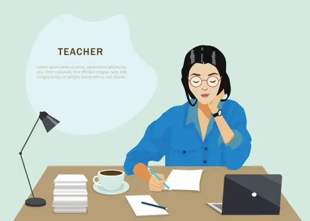 Vector illustration of Vector flat illustration of worker in workspace checks tasks. World teacher day. Knowledge and studying.  Professional education and learning concept. Woman teacher character in workplace.