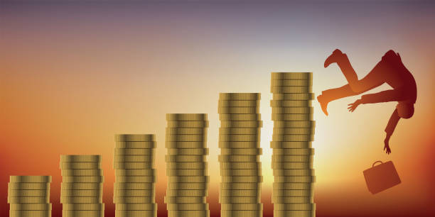 konzept eines ehrgeizigen mannes, der reich wird, indem er ein vermögen anhäuft, bevor er schließlich in konkursvergliedert wird. - asset management scam stock-grafiken, -clipart, -cartoons und -symbole