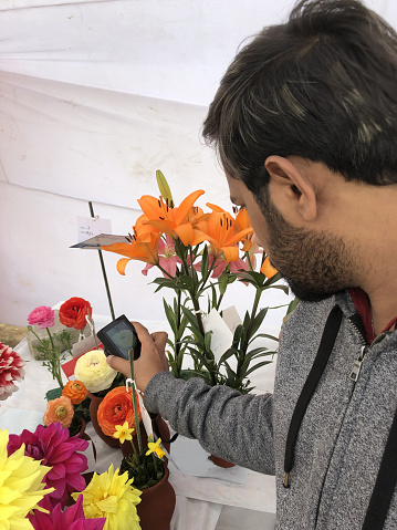 Stock photo of Indian hindu man wearing grey hoodie is taking photos of tiger lilies, ranunculus, chrysanthemums flowers in flower pot, summer bedding plants with small size / compact pocket camera at annual garden festival / flower festival in Delhi, India