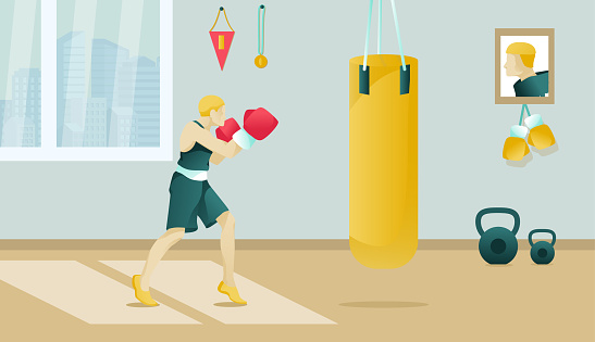 Cartoon Boxer Wearing Boxing Gloves Trains In Gym Stock Illustration -  Download Image Now - Boxing - Sport, Sport, Wall - Building Feature - iStock
