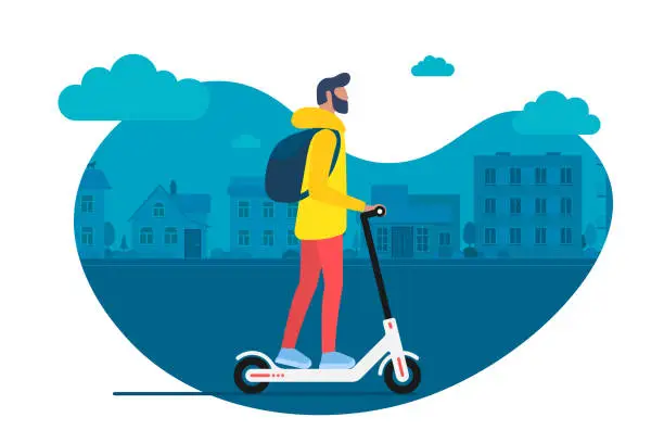 Vector illustration of Young male character with backpack ride modern urban transport electric kick scooter. Active hipster adult millennial uses lifestyle ecology technologies. Vector illustration youth on cityscape