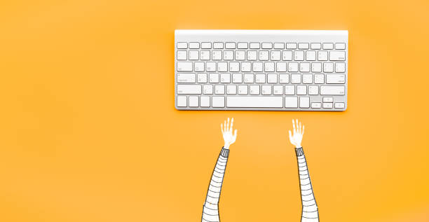 Drawing man typing computer keyboard on yellow color background.Minimal style.Business modern