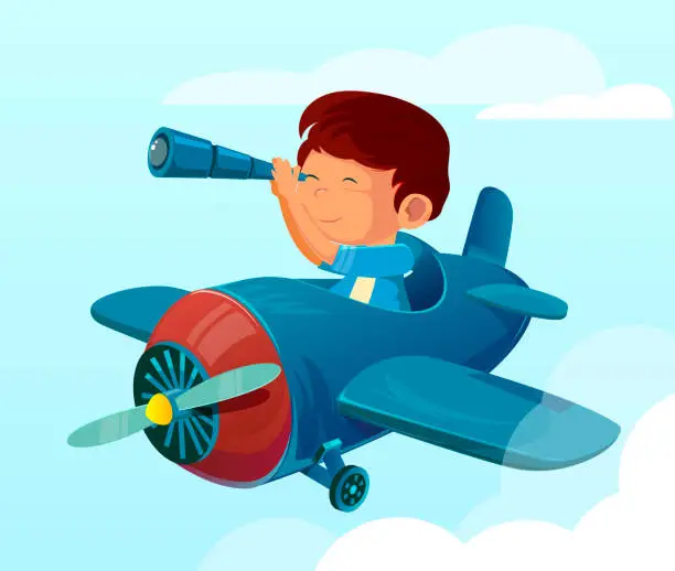 Vector illustration of Child holding a telescope and flying a plane