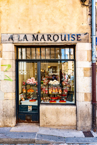 Old town alleyway in Lyon, France. This is of a quant cake shop or Patisserie off the beaten track.