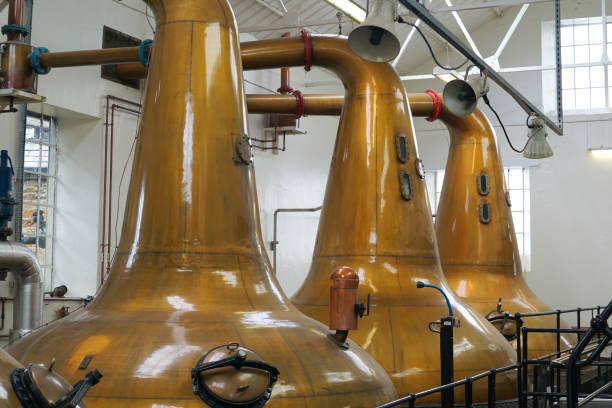 copper stills in a distillery The giant copper stills are used to distil the alcohol in a distillery distillery still photos stock pictures, royalty-free photos & images